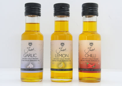 Just Classic Gift Pack - Lemon, Chilli and Garlic Infused Cold Pressed Rapeseed Oil 100ml (Pack of 3)