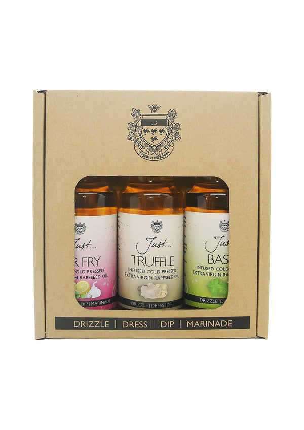 Just Speciality Gift Pack - Stir Fry, Basil and Truffle Infused Cold Pressed Rapeseed Oil 100ml (Pack of 3)