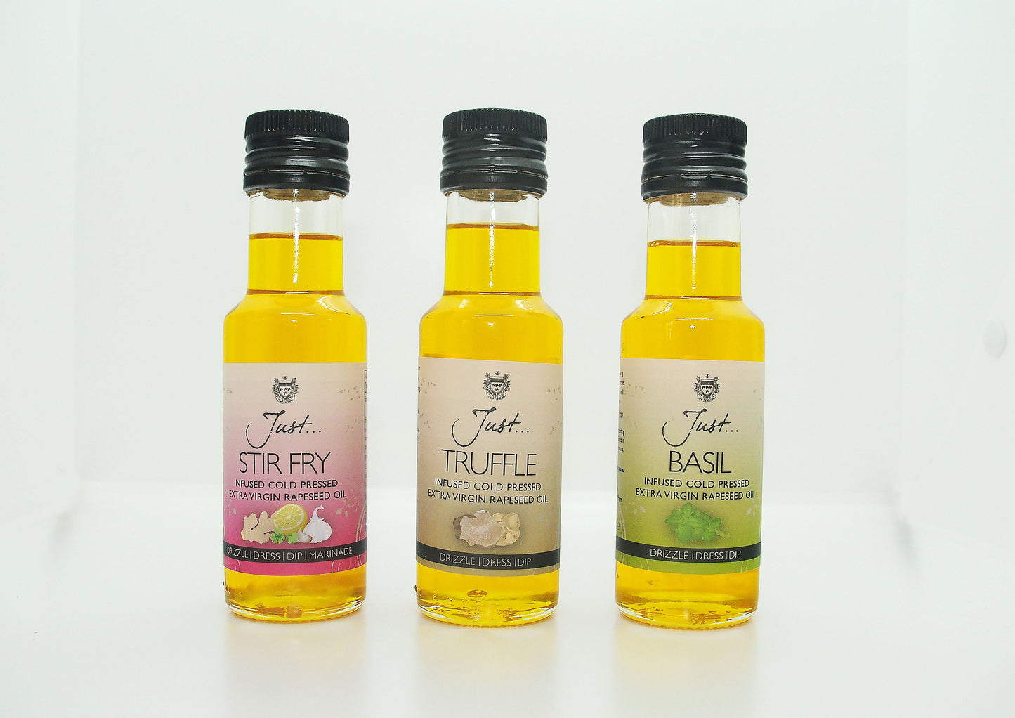 Just Speciality Gift Pack - Stir Fry, Basil and Truffle Infused Cold Pressed Rapeseed Oil 100ml (Pack of 3)