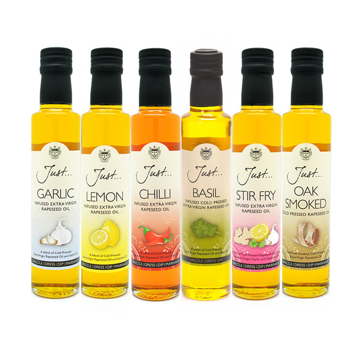 Just Classic Box - Garlic, Lemon, Chilli, Basil, Stir Fry and Oak Smoked Infused Cold Pressed Rapeseed Oil 250ml (Case of 6)