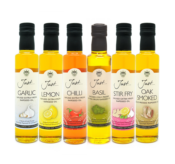 Just Classic Box - Garlic, Lemon, Chilli, Basil, Stir Fry and Oak Smoked Infused Cold Pressed Rapeseed Oil 250ml (Case of 6)