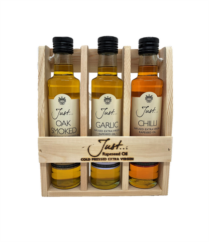 Just BBQ King Cruet Set - Oak Smoked, Garlic and Chilli Infused Cold Pressed Rapeseed Oil 250ml (Set of 3)